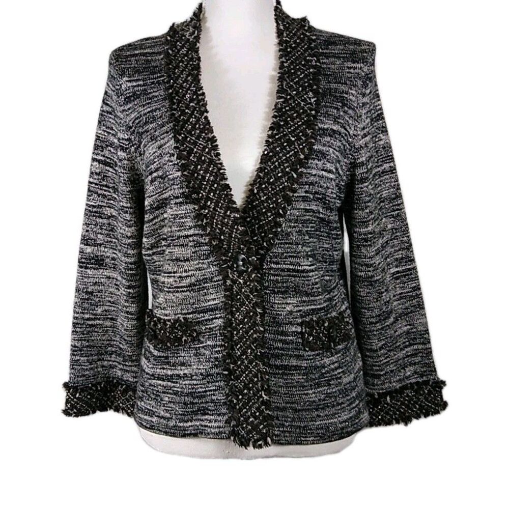 TRIBAL Cardigan Sweater Blazer B&W Marled Yarn w Silver Threads Tweed Trim M